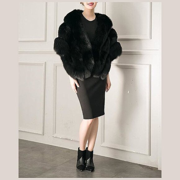 Women's Luxury Party Faux Fox Fur Long Shawl , A-dark Green - Picture 2 of 6